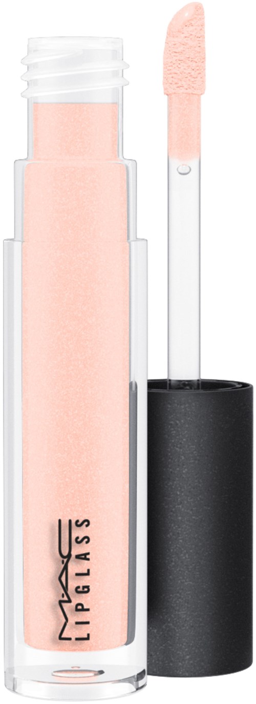 En MAC-läppglansrör med ljusrosa gloss och svart lock, visar applikatorn och varumärkesloggan.