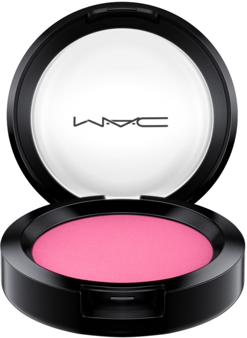 Pyöreä musta meikkipakkaus, jossa on pinkki poskipuna ja peili kannessa. MAC-logo on peilissä.