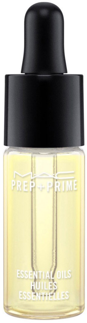 A small glass bottle with oil drops, labeled 'Prep + Prime' and 'Essential Oils' on the front, with a black cap and dropper.