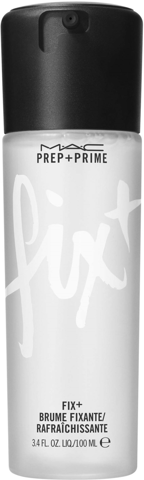 Eine weiße Flasche mit schwarzem Deckel, gekennzeichnet MAC FIX+ PREP+PRIME, zum Fixieren von Make-up.