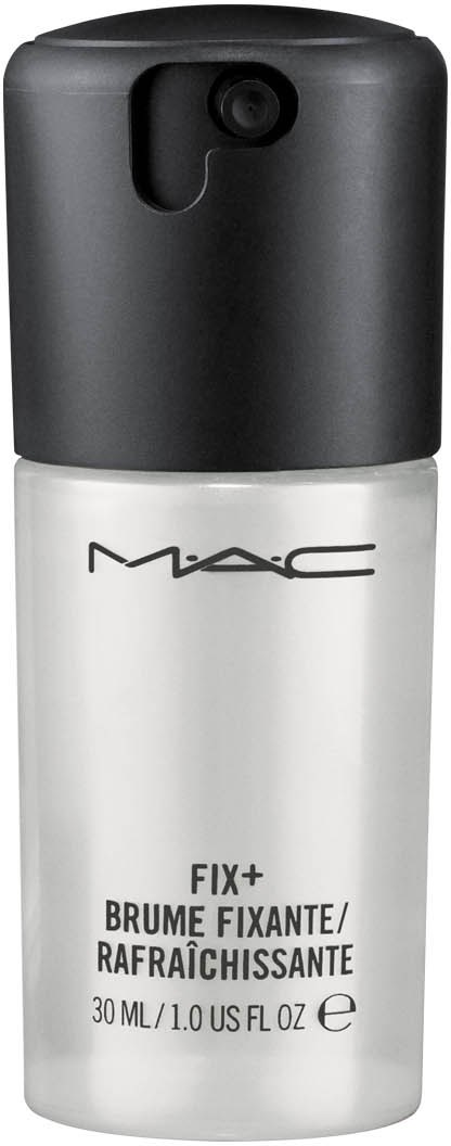 En liten vit flaska med svart lock, märkt MAC FIX+ setting spray.