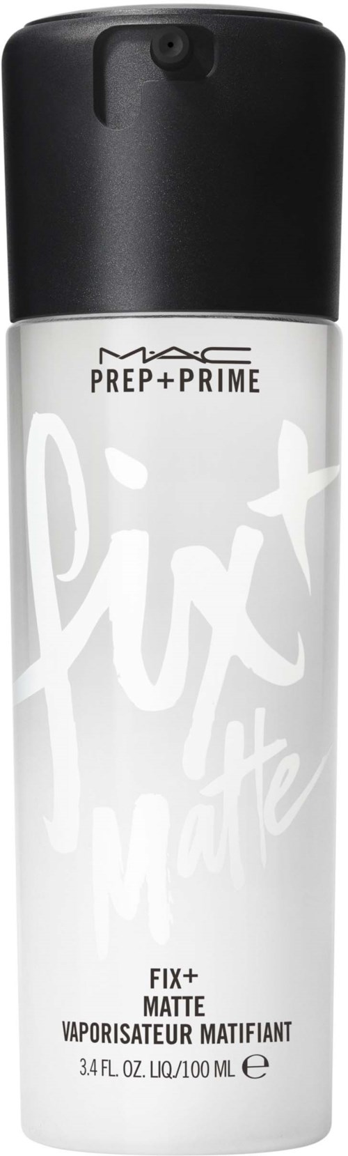 Eine weiße Flasche mit MAC Fix+ Mattes Setting Spray, schwarzem Deckel und großen kalligraphischen Texten.