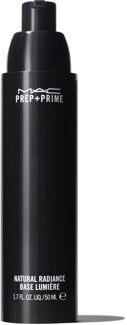 En stor, svart flaska märkt 'MAC PREP + PRIME' med ytterligare text om lyster och bas.