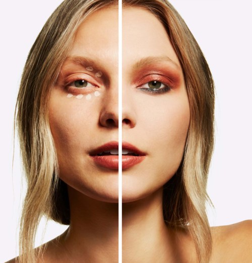 Split image of a woman showing the same face with and without makeup.