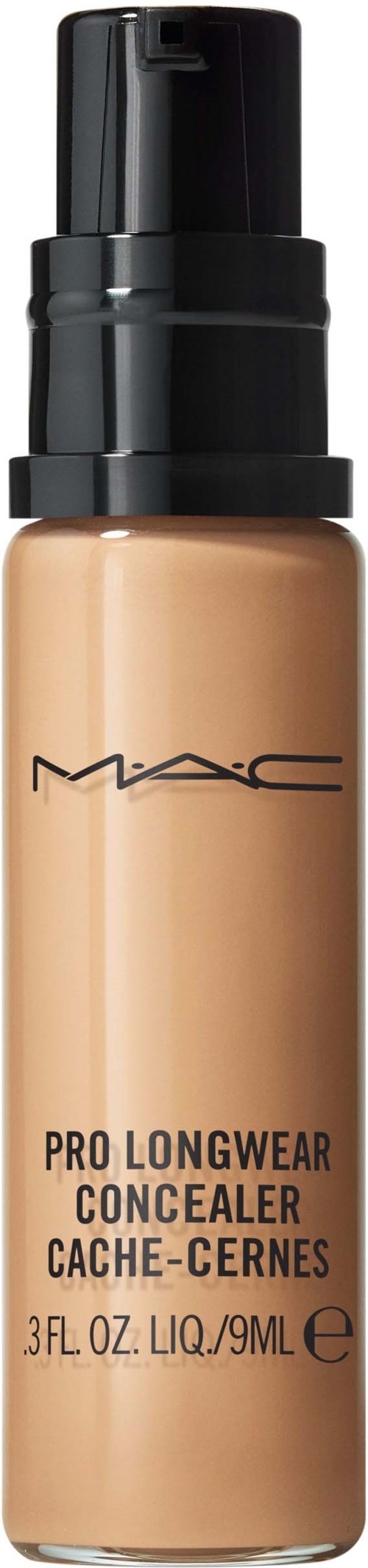 A tube of MAC concealer with a black cap and beige liquid inside.
