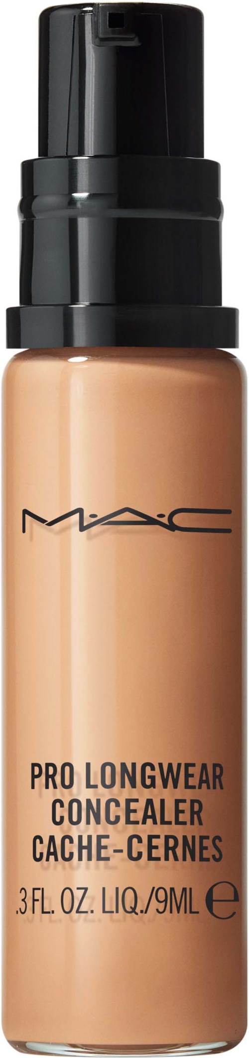 A bottle of MAC Pro Longwear Concealer with a pump, in light skin tone shade.
