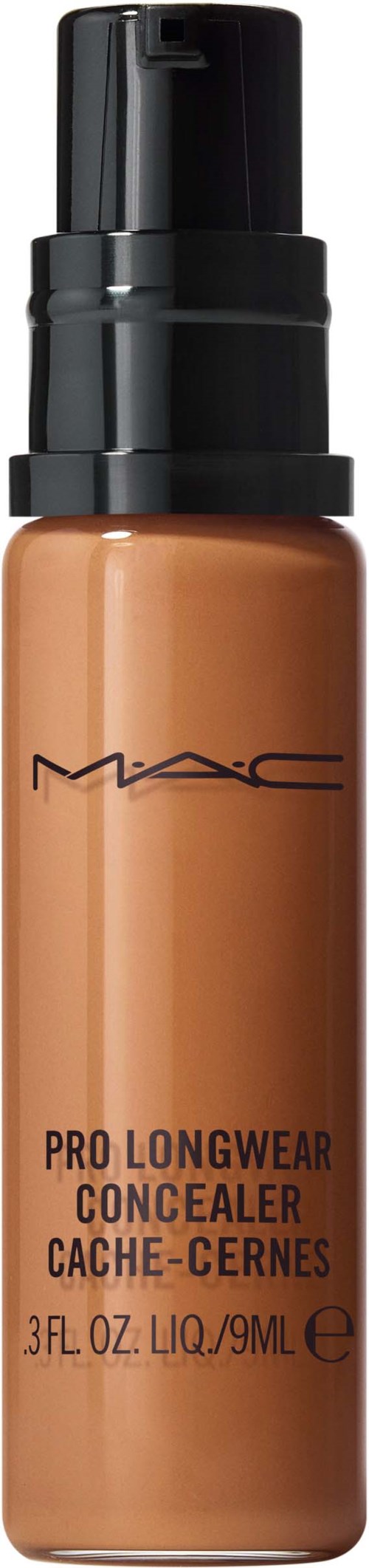 A MAC bottle of liquid concealer with a black pump and beige color. It has product name and details printed on it.