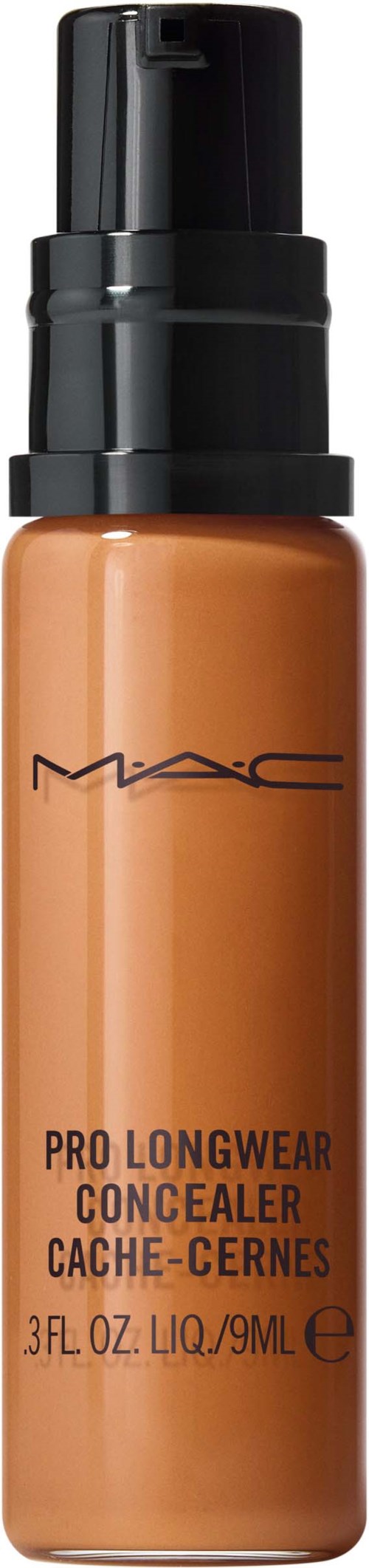 Bottle of MAC Pro Longwear Concealer in a light brown shade with a black pump top.