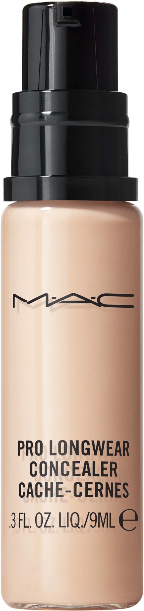 A bottle of MAC Pro Longwear Concealer with a black pump and beige liquid inside.