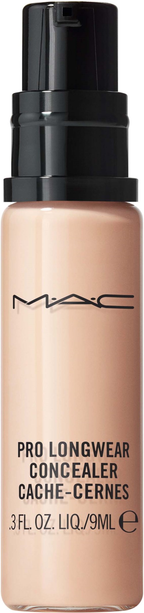 A beige bottle with a black pump, labeled MAC Pro Longwear Concealer, 3 fl oz, for makeup use.