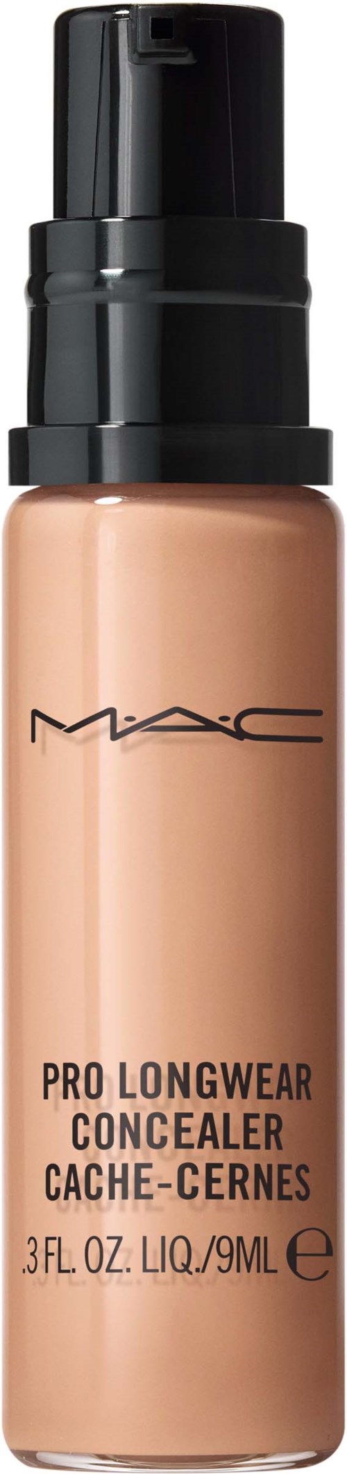 A bottle of MAC concealer with a black cap, beige liquid, and product name written on the front.