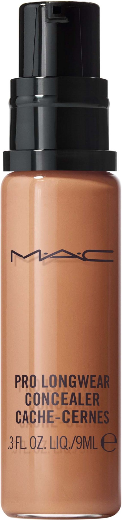 A bottle of MAC concealer with black pump top, beige liquid inside, and text on the front.