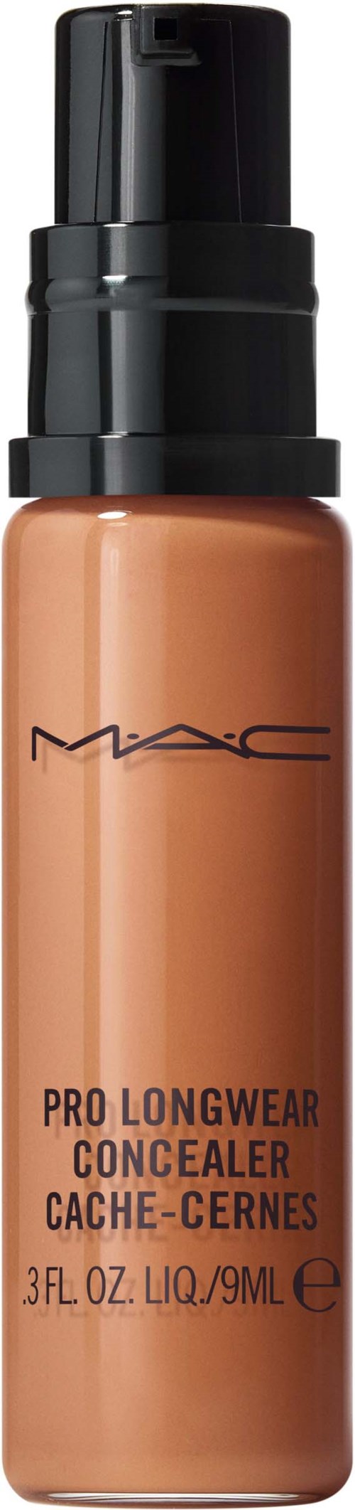A bottle of MAC concealer with a pump, labeled 'Pro Longwear Concealer' and 9 ml size.