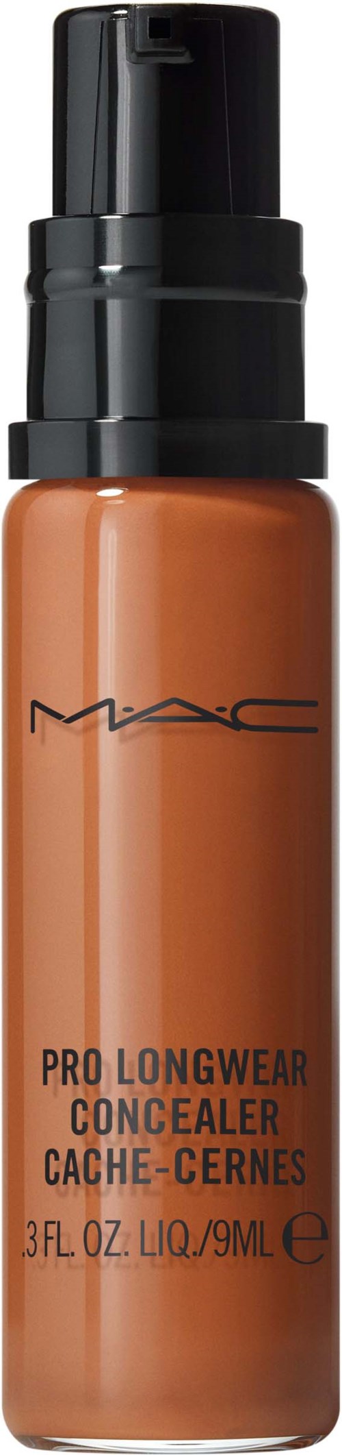 A bottle of MAC concealer with a black cap and orange liquid inside.