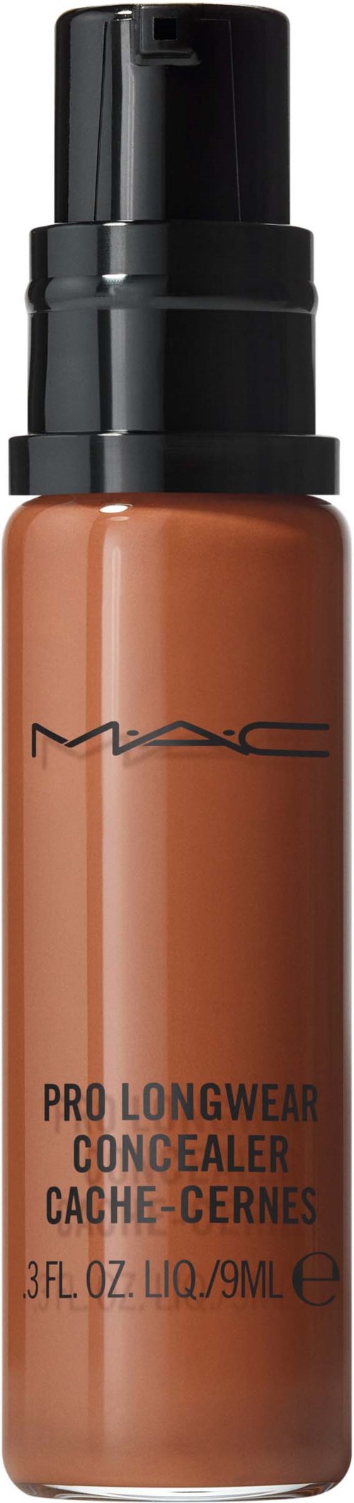 A bottle of MAC concealer with a pump and black cap, labeled "Pro Longwear Concealer" for covering skin imperfections.