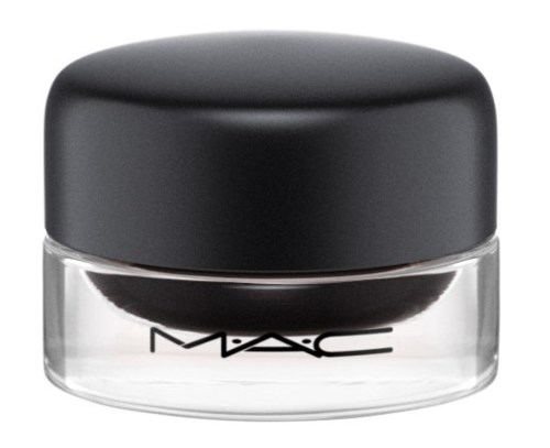 A small clear jar with black powder and a black lid, labeled MAC.