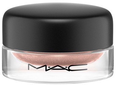 Small round jar with black lid, contains light pink or beige makeup product, and has MAC logo at the front.