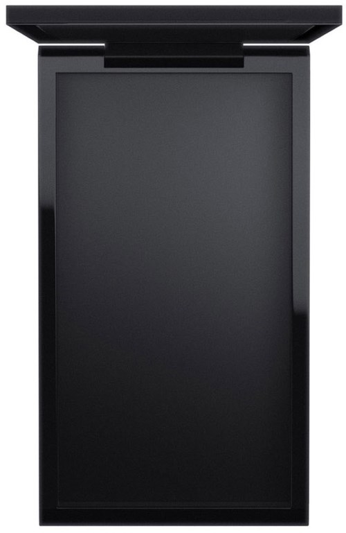 A black electronic device with a large screen, possibly a tablet or a digital drawing tablet, with a hinge on top.