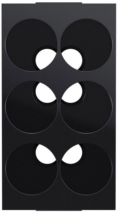 The image shows a black rack with six empty round slots, possibly for bottles or cans.