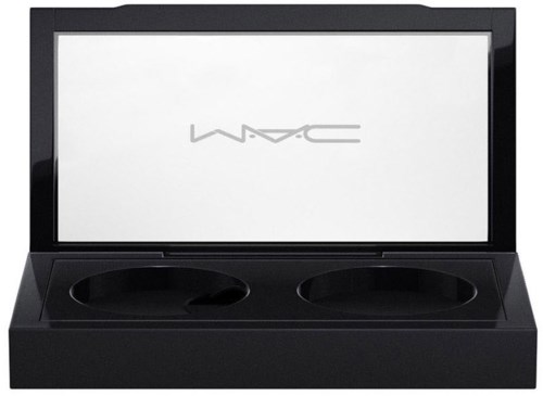 A black makeup palette with two circular compartments and a mirror with 'MAC' logo.
