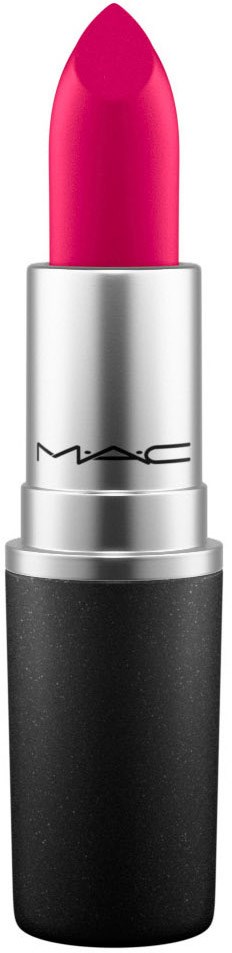 Rosafärgad läppstift med ett silver- och svart skal. MAC-varumärket syns på det silverfärgade delarna.