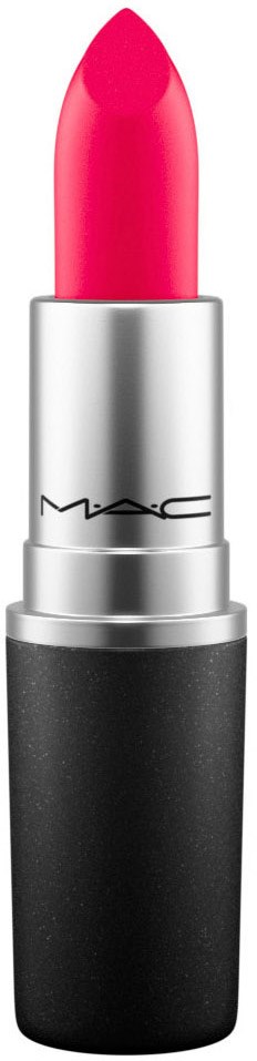 Rosa läppstift i en silver- och svart rör. MAC-logotyp synlig på den silverfärgade delen.