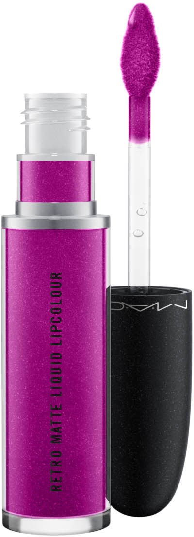 A bright purple liquid lipstick in a clear tube with a black cap and a blending applicator.