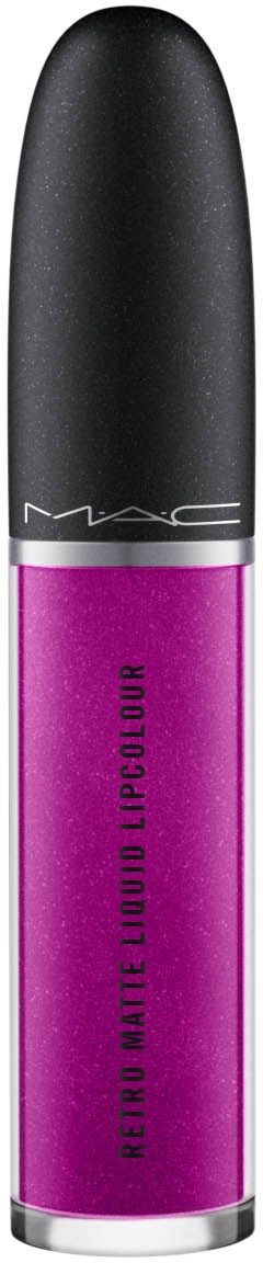 A lipstick with a purple body and black tip, labeled 'Retro Matte Liquid Lipcolour' by MAC.