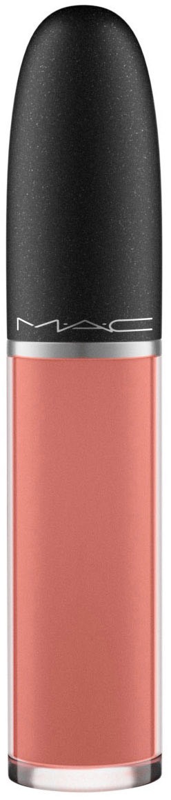 Ett MAC-läppglans med svart lock och rosa läppfärg i en klar flaska.