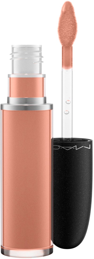 Lip gloss with a wand applicator, in a clear container showing light pink color.