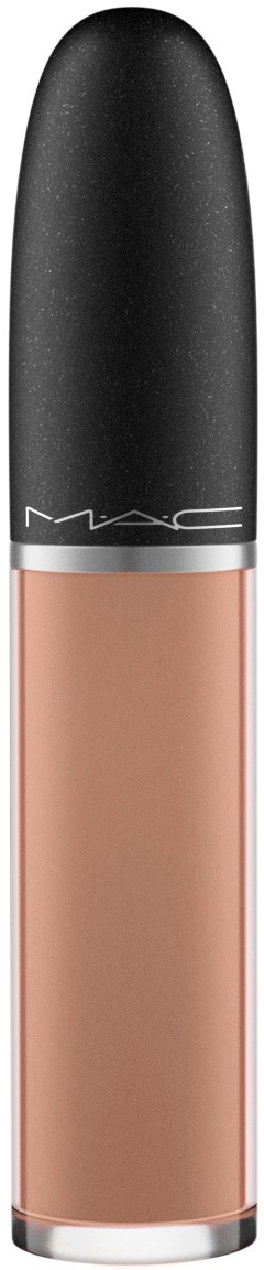 En MAC-concealer i ett rör med svart lock, beige vätska och en silverrand nära toppen.
