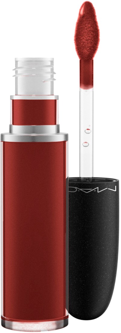 Lip gloss tube open with applicator wand showing red gloss inside.
