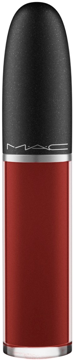 A lip gloss tube with a black cap, silver band, and red gloss visible below.