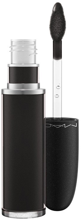 A black lipstick container with the lid off, showing a black lip gloss or liquid lipstick applicator.