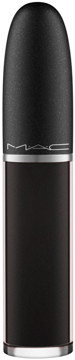 A black lipstick tube with a silver band, labeled MAC, against a black background.