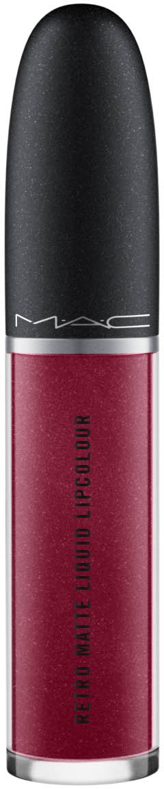 Ett läppstiftshölje med svart lock och röd nederdel, märkt 'Retro Matte Liquid Lipcolour'.