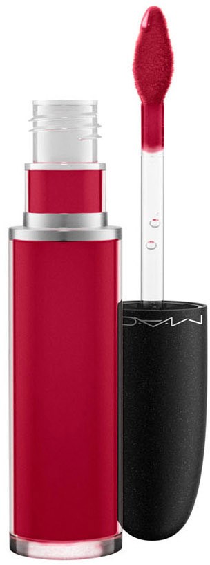 A red liquid lipstick with a black cap, partially open, showing the applicator with pinkish-red color.