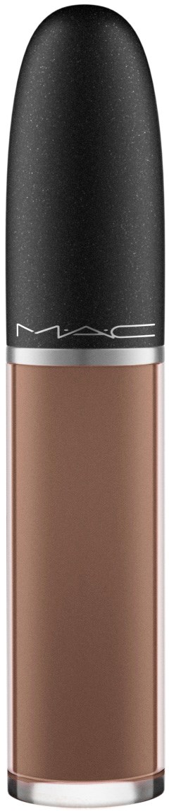 En MAC läppglans med svart lock och genomskinlig kropp som visar beige färg.