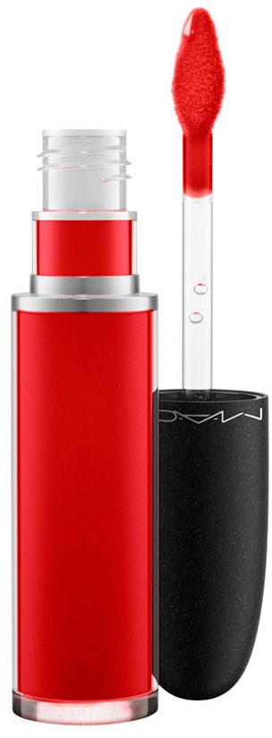 A red liquid lipstick in a clear tube, with a black cap and a matching applicator brush.