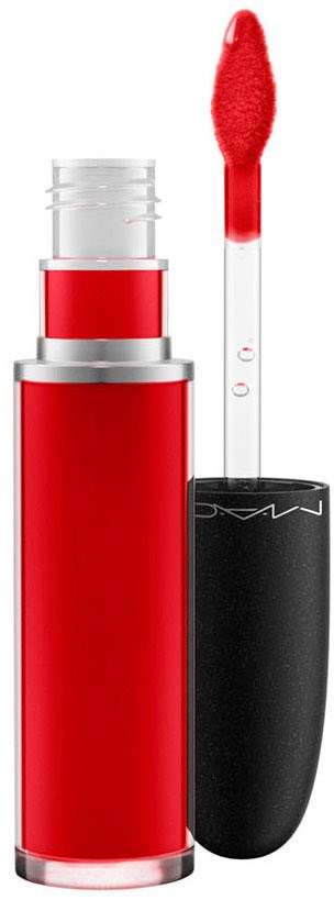 A red liquid lipstick with a black cap and a doe-foot applicator.