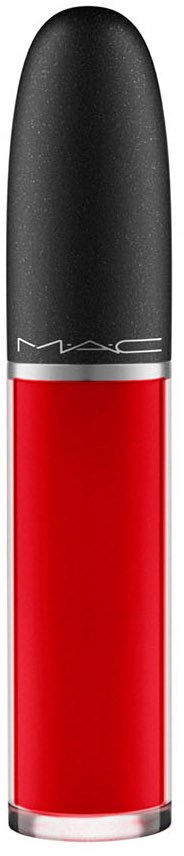 A lipstick with a black cap and red body, branded MAC, against a black background.