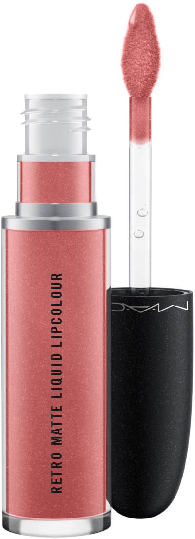 A pink liquid lipstick with a black cap and a clear applicator brush.