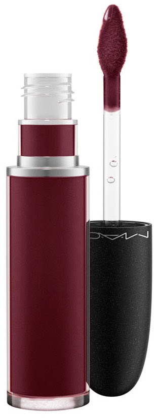 Lip gloss with a burgundy shade, transparent container, and black cap. The wand applicator is shown.