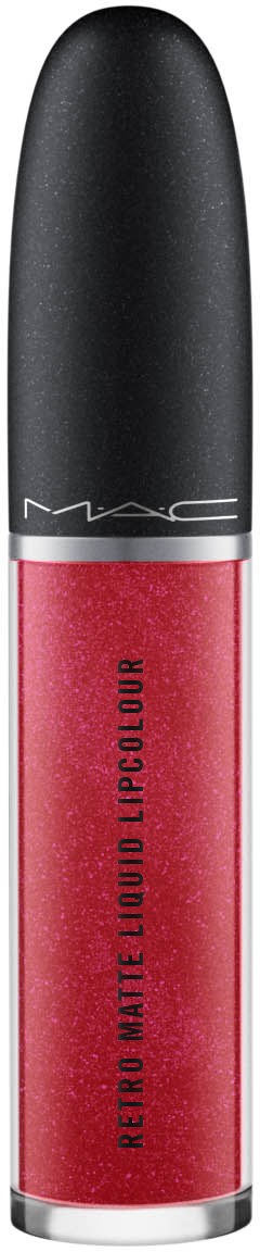 Ett svart och rosa läppglansrör med MAC-logotyp och orden "Retro Matte Liquid Lipcolour."