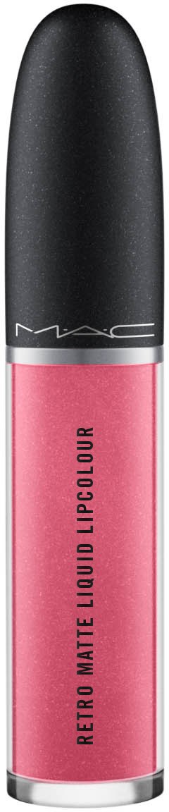 A pink liquid lipstick tube with a black cap, labeled 'Retro Matte Liquid Lipcolour' and the MAC brand logo.