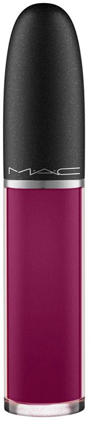 En tub med MAC-läppstift i en djup magentafärg med svart lock.