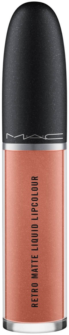 En tub med MAC Retro Matte Liquid Lipcolour i en aprikosfärgad nyans med svart lock.