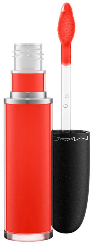 A lip gloss tube with red color, open wand showing red-tinted gloss, and black cap.