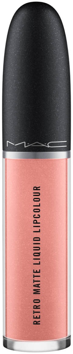 En MAC Retro Matte Liquid Lipcolour-rör i rosa, med svart lock och varumärke, står upprätt.