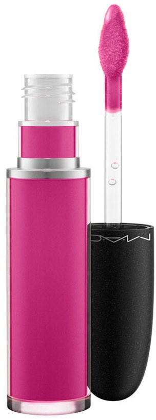 Ett rosa läppglans med applikator utanför tuben och locket avlägsnat.